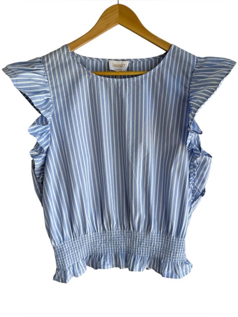 Laundry Beachy Striped Cotton Blend Top Sz L Ruffle Sleeve Blouse Shirt Coastal
